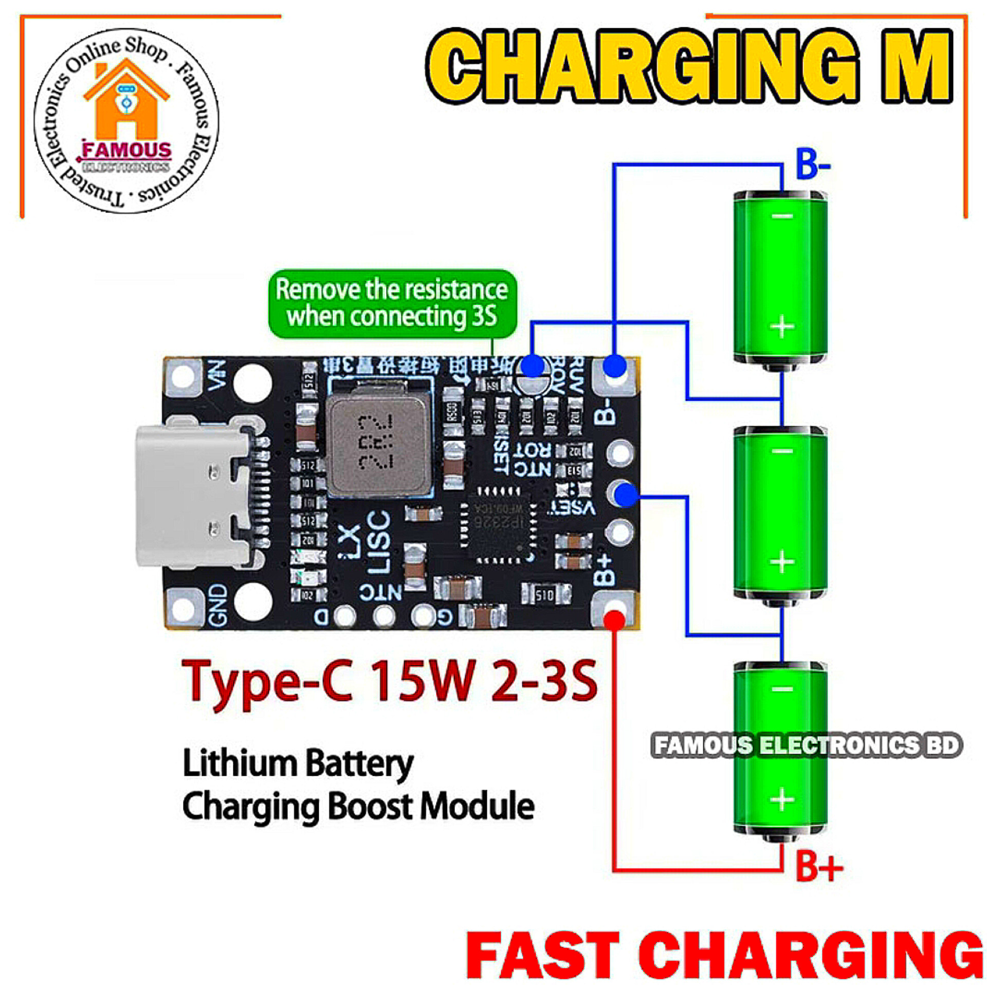 Type-C USB 2S/3S BMS 15W 8.4V 12.6V 1.5A Lithium Battery Charging Boost Module With Balanced Support Fast Charge With Indicator