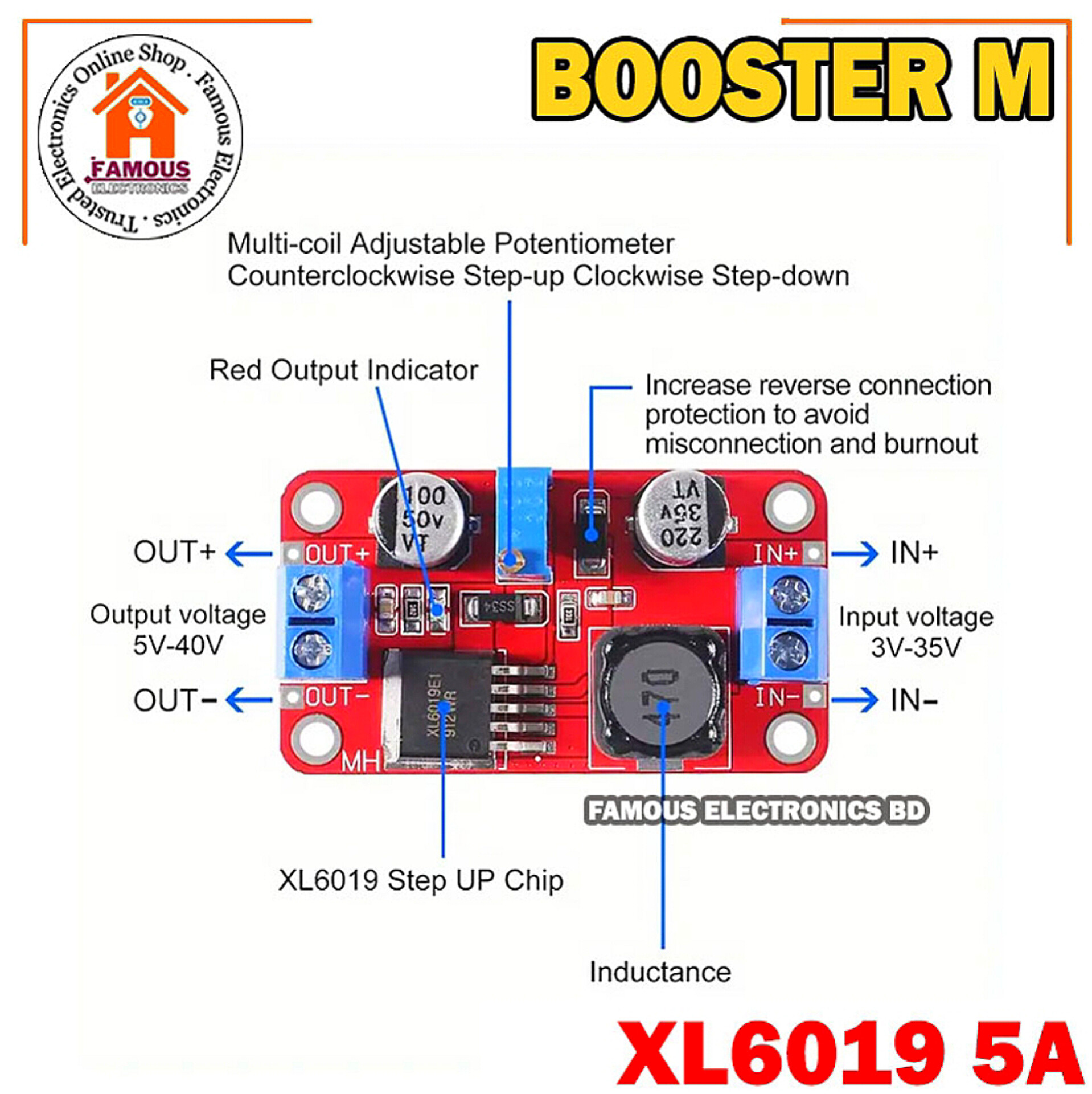 5A DC-DC Step Up Power Module Boost Volt Converter 3.3V-35V To 5V 6V 9V 12V 24V XL6019_img_2
