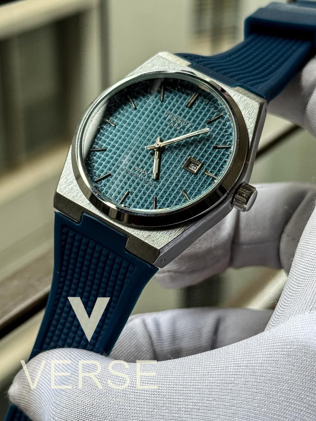 PRX none chrono fiber belt silver case waffle dial blue