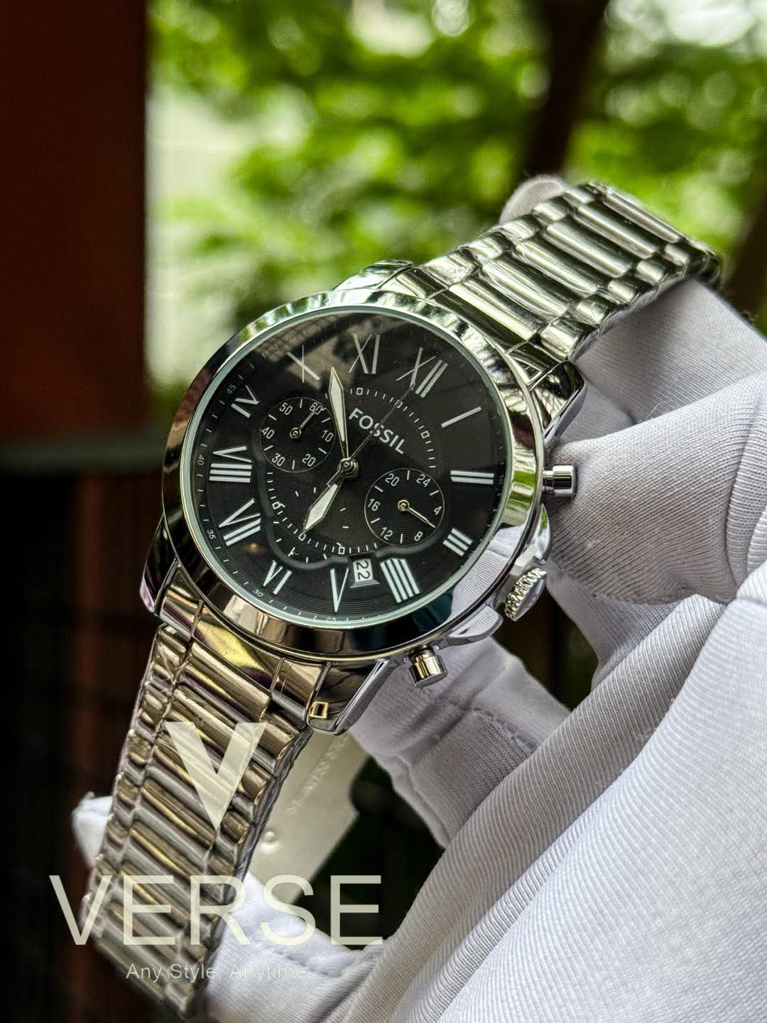 Fossil Quartz Chain Chrono black dial