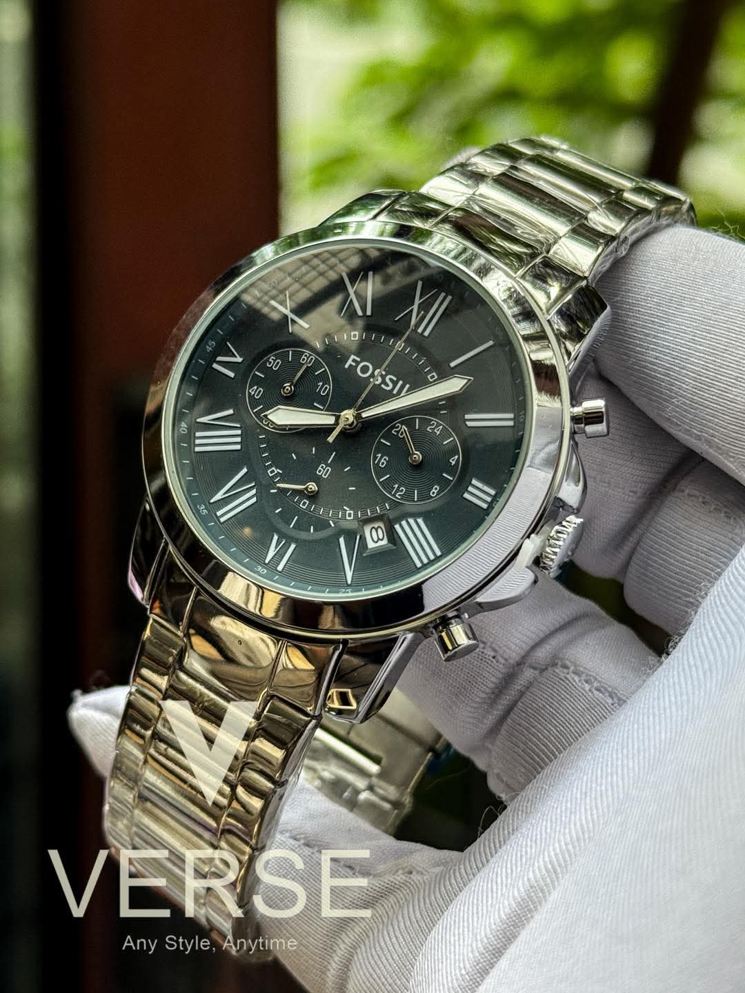 Fossil Quartz Chain Chrono blue dial