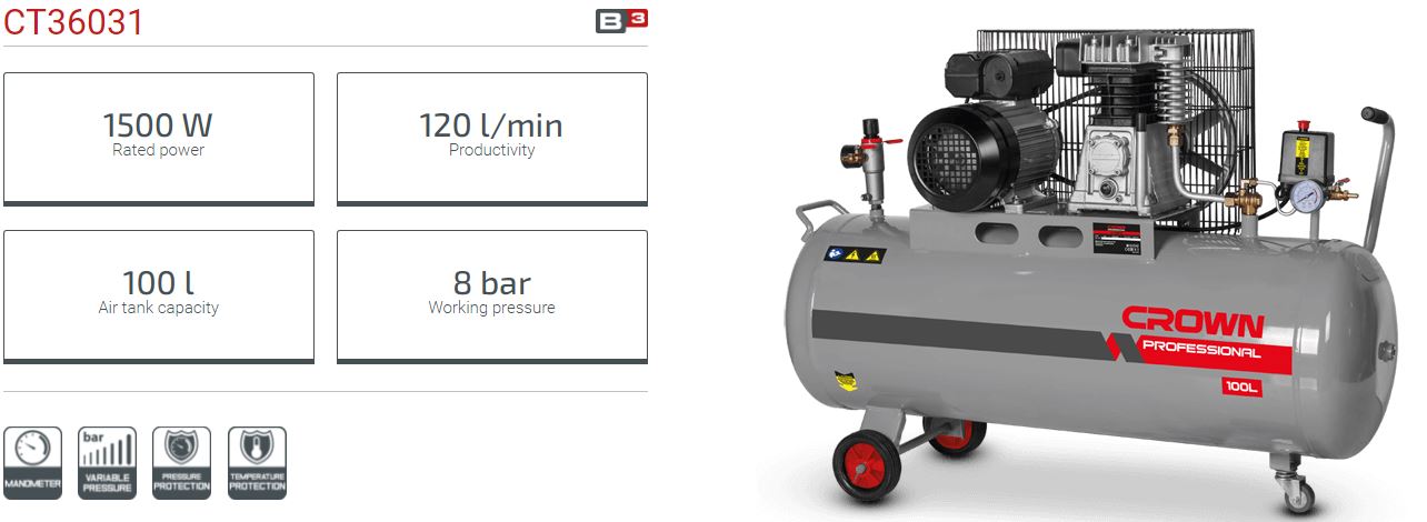 CROWN CT36031 100L Professional Belt Driven Air Compressor, 1491W, 120L/min, 8bar; Model: CT36031_img_1