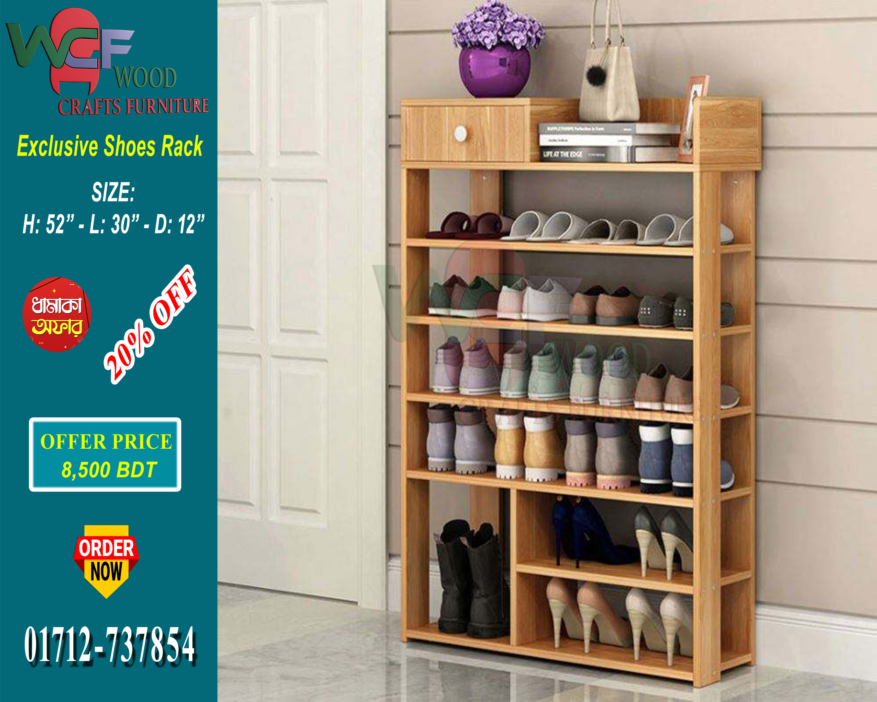 Exclusive Multi-Layer Solid Wood Shoes Rack – Modern Hallway Organizer | WCF-SR-5230