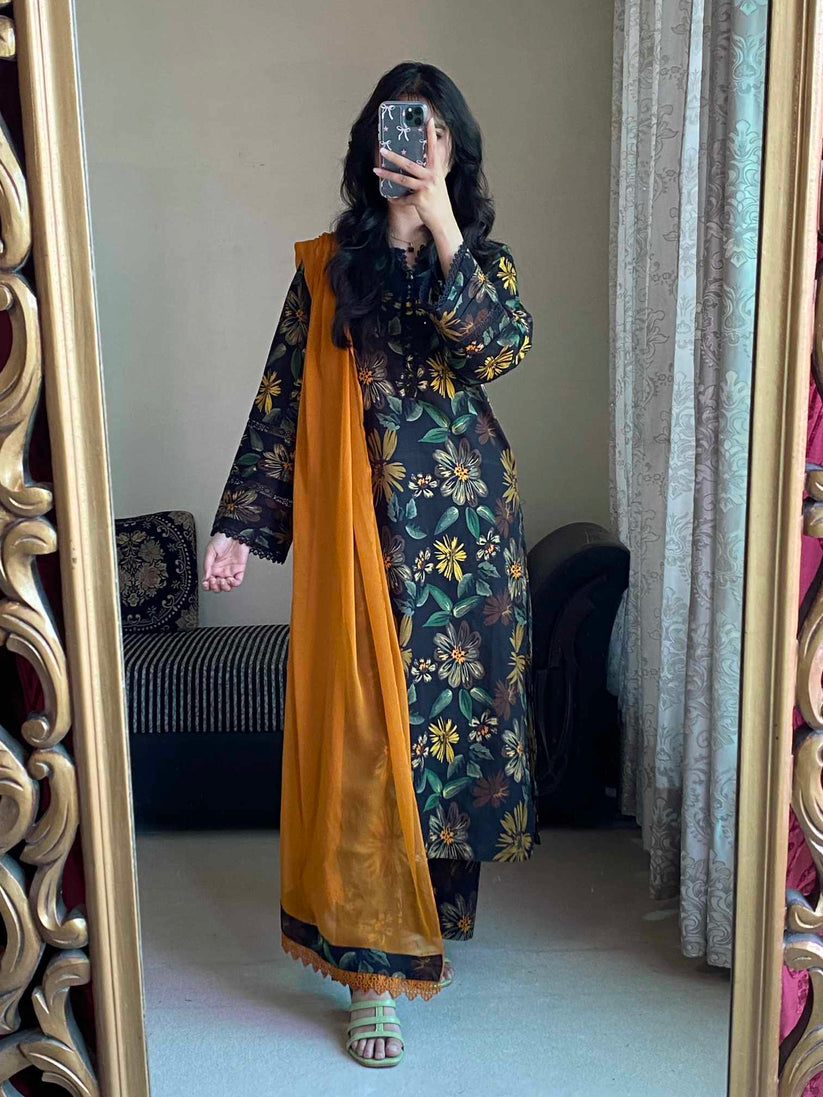 Black Flora Stitched Three Piece