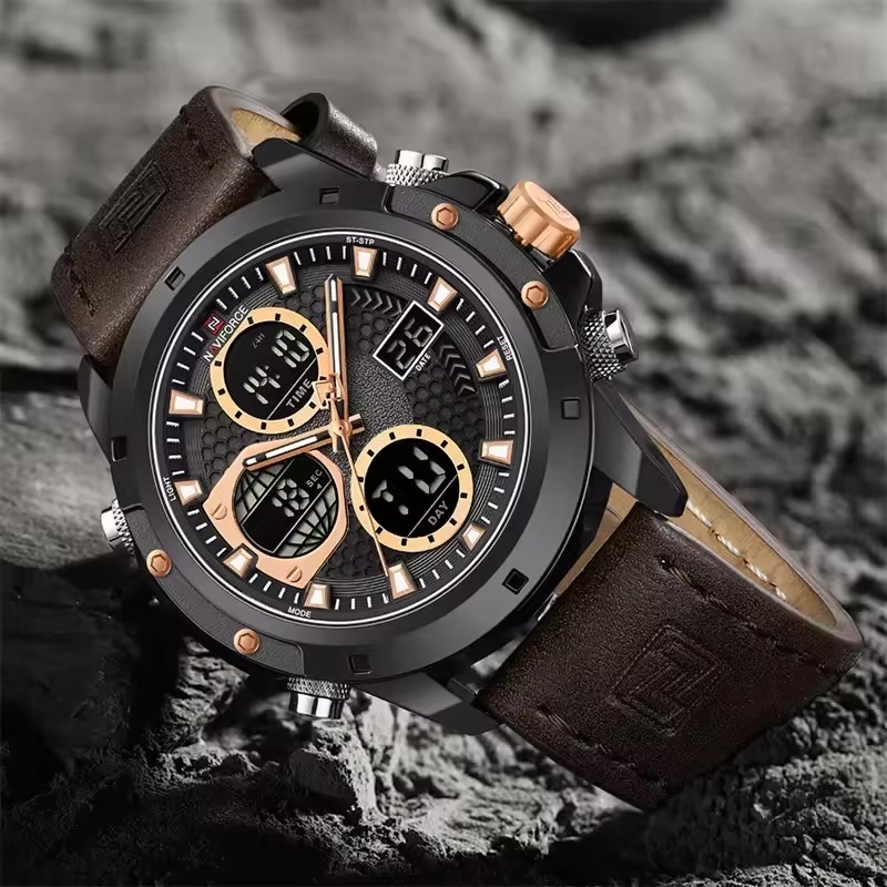 Naviforce 9225 Two Time Gents Belt Watch- Black Dial with Rose Golden Markings- Black Bezel- Chocolate Belt- TF Code NF981BM_img_2