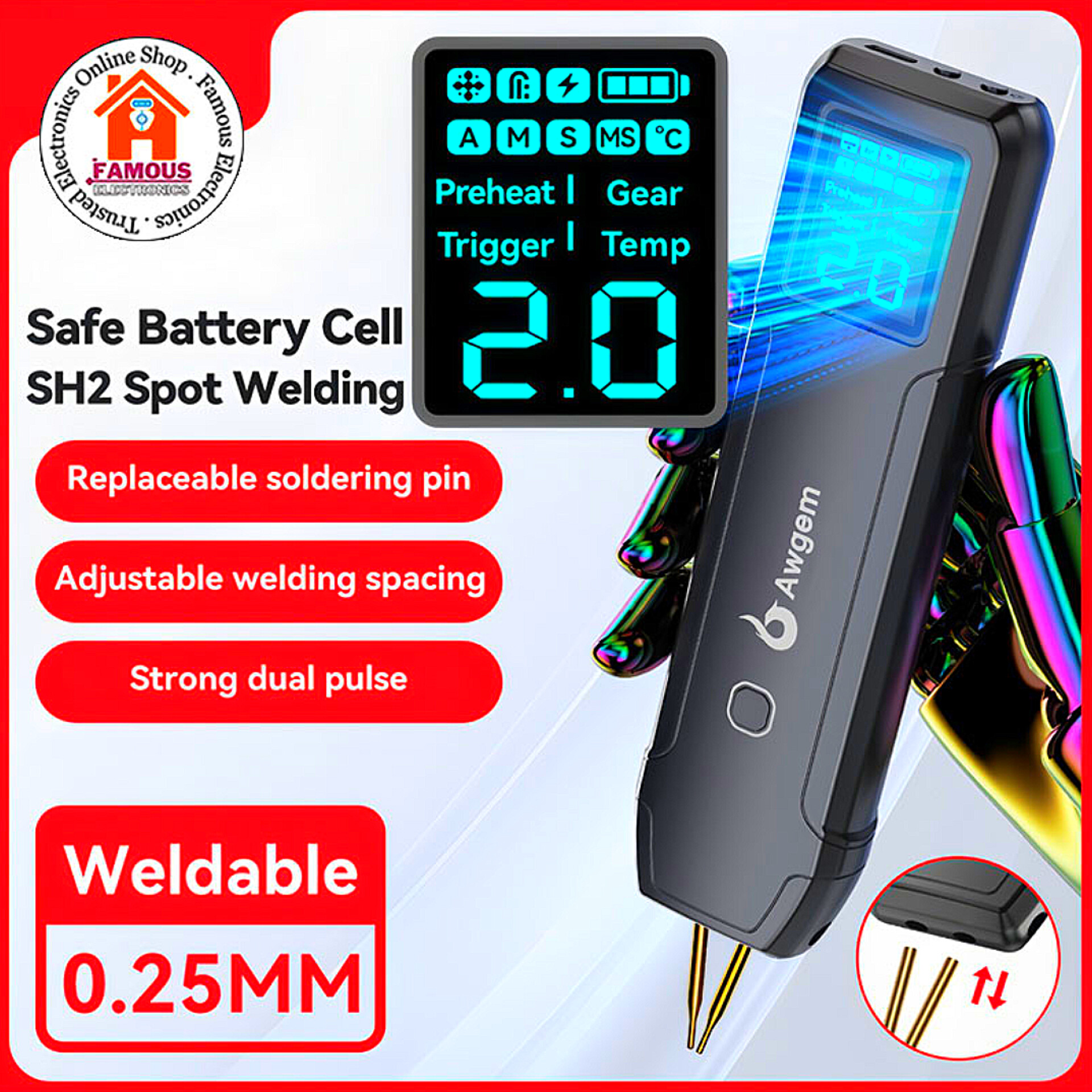 Awgem SH2 Portable Mini Spot Welder Adjustable Spot Welding Machine for Lithium Battery_img_0