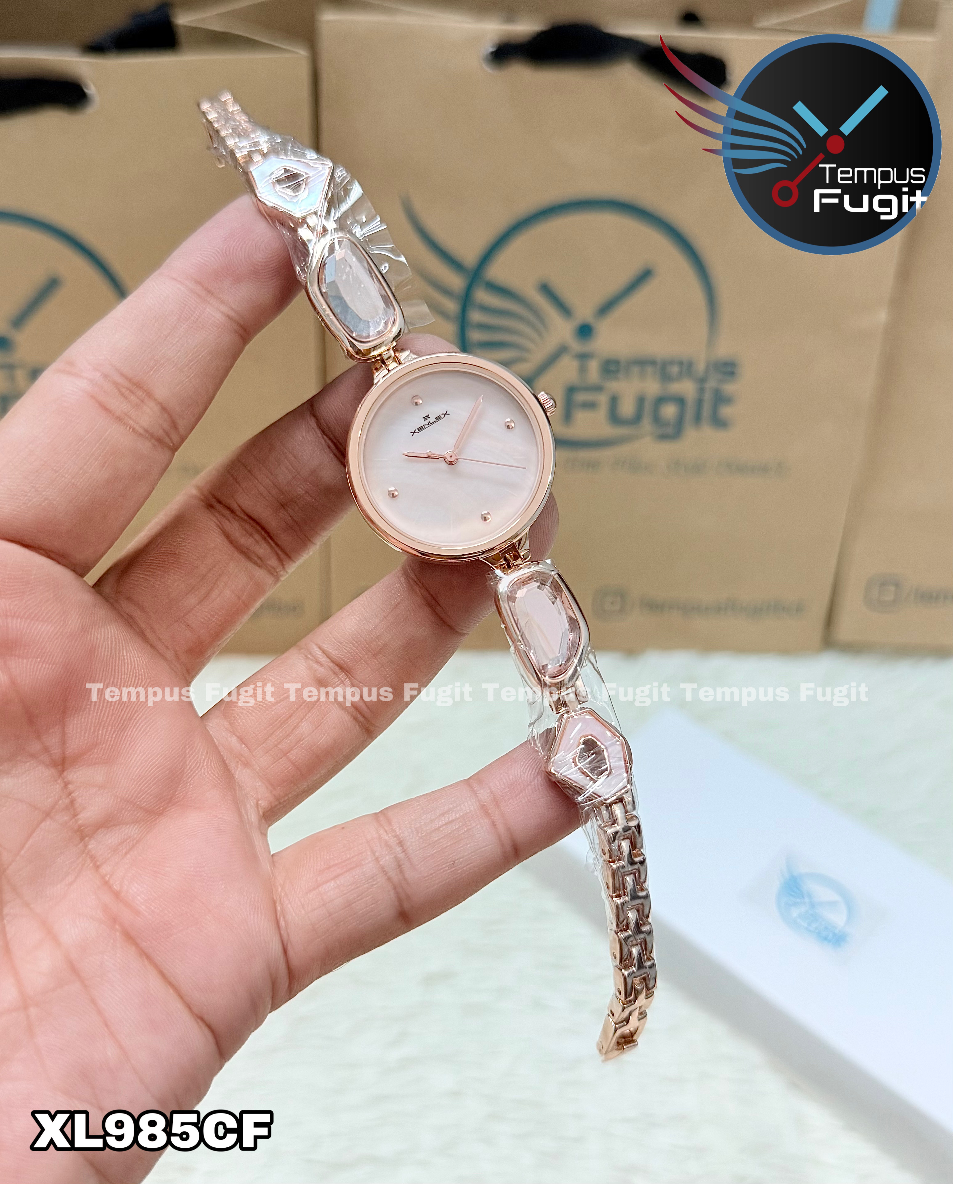 XENLEX X-80A99L Ladies Watch- Cream Dial- Rose Golden Bezel- Rose Golden Chain with Stones- TF Code XL985CF_img_1