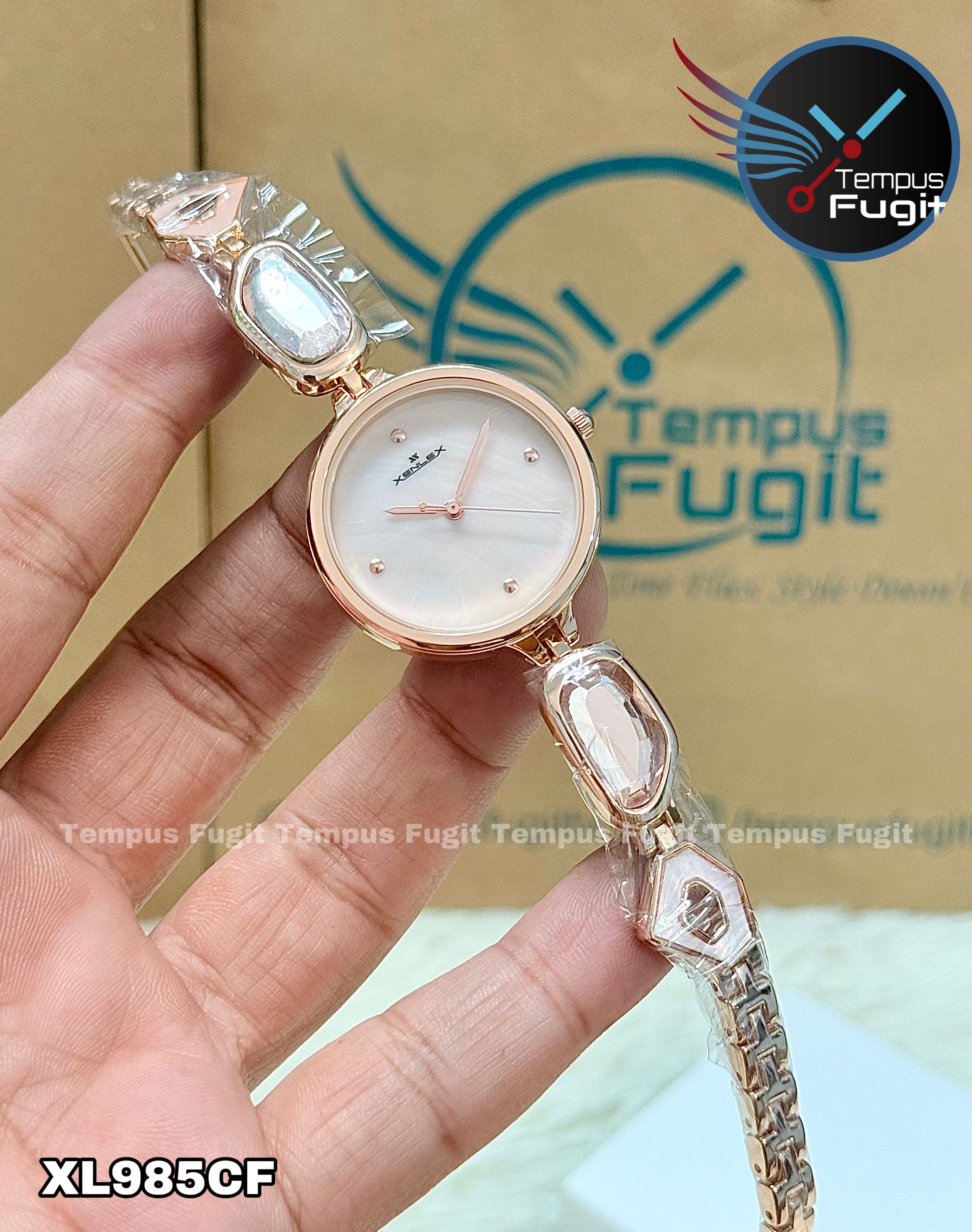 XENLEX X-80A99L Ladies Watch- Cream Dial- Rose Golden Bezel- Rose Golden Chain with Stones- TF Code XL985CF_img_0