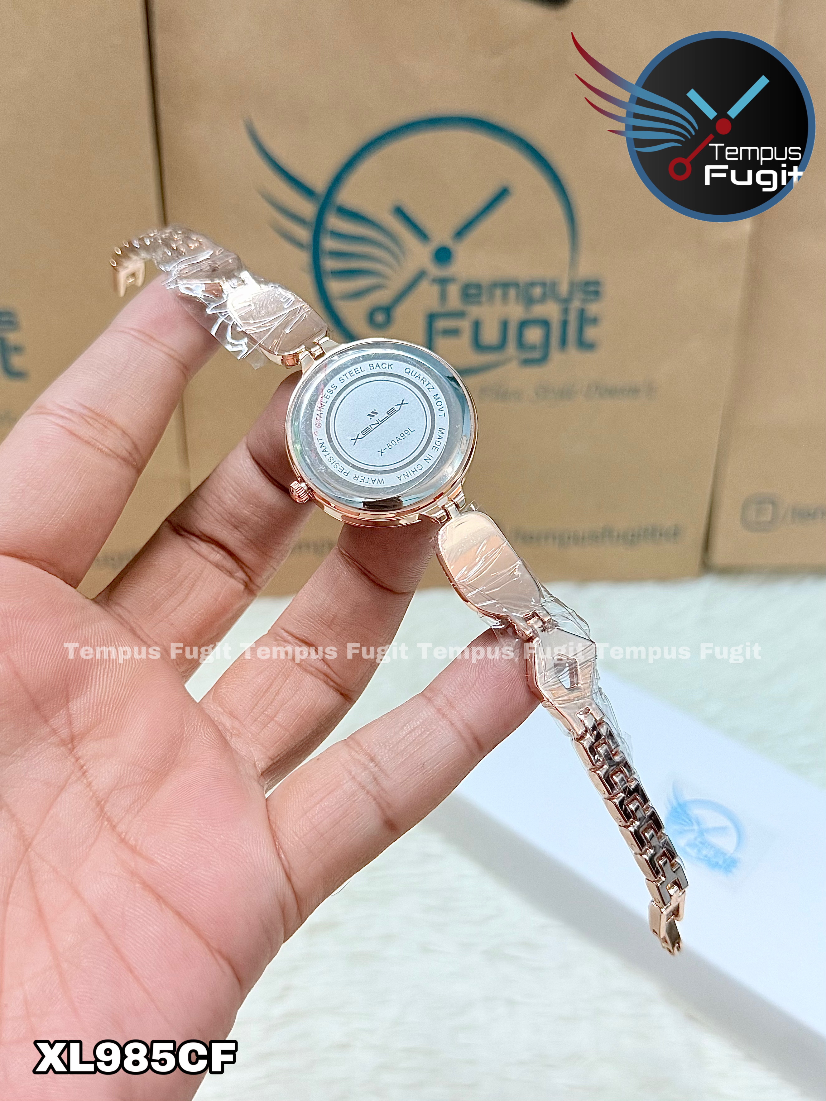 XENLEX X-80A99L Ladies Watch- Cream Dial- Rose Golden Bezel- Rose Golden Chain with Stones- TF Code XL985CF_img_4