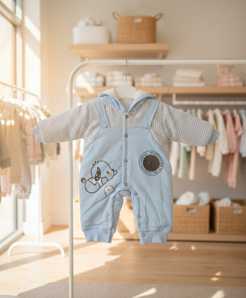 মক-সাসপেন্ডার হুডযুক্ত প্রিমিয়াম কোয়ালিটি রম্পার (০-১২ মাস) - Image 3