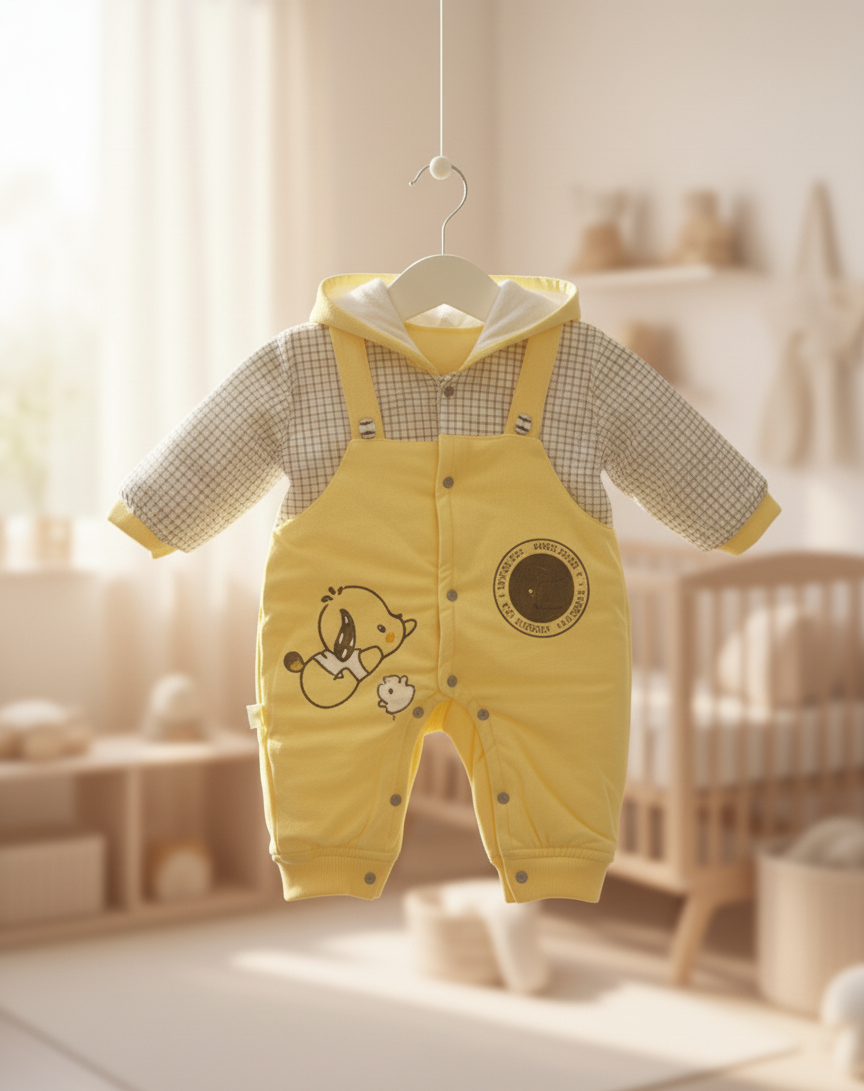 মক-সাসপেন্ডার হুডযুক্ত প্রিমিয়াম কোয়ালিটি রম্পার (০-১২ মাস) - Image 1