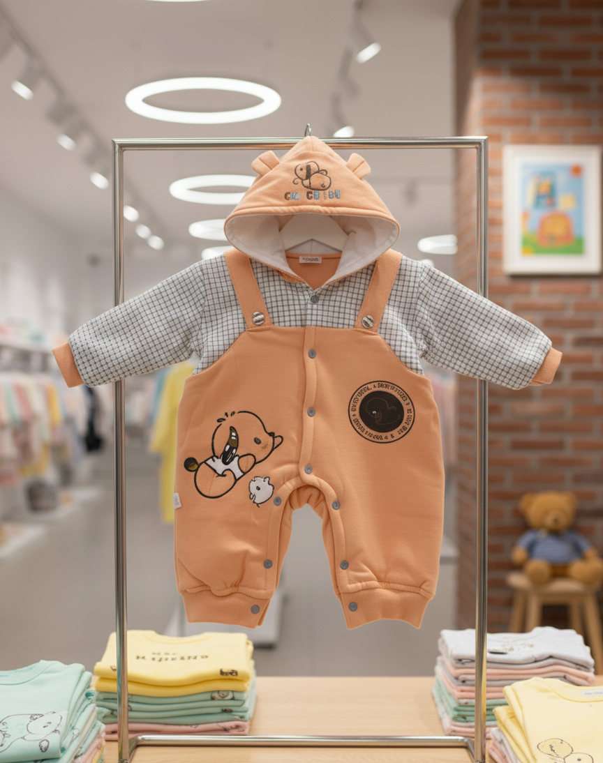 মক-সাসপেন্ডার হুডযুক্ত প্রিমিয়াম কোয়ালিটি রম্পার (০-১২ মাস) - Image 5