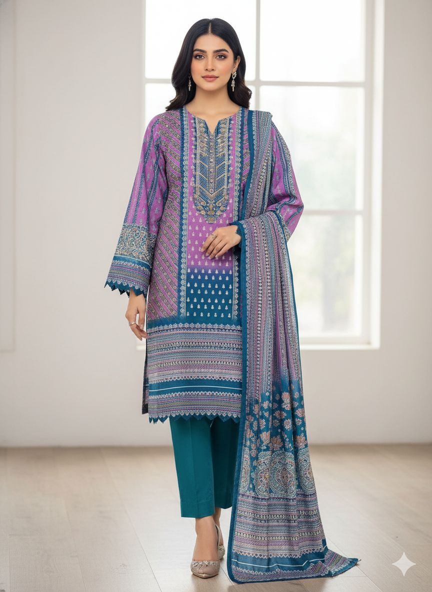 জমজম সুইস লোন থ্রি পিস (Unstitched)