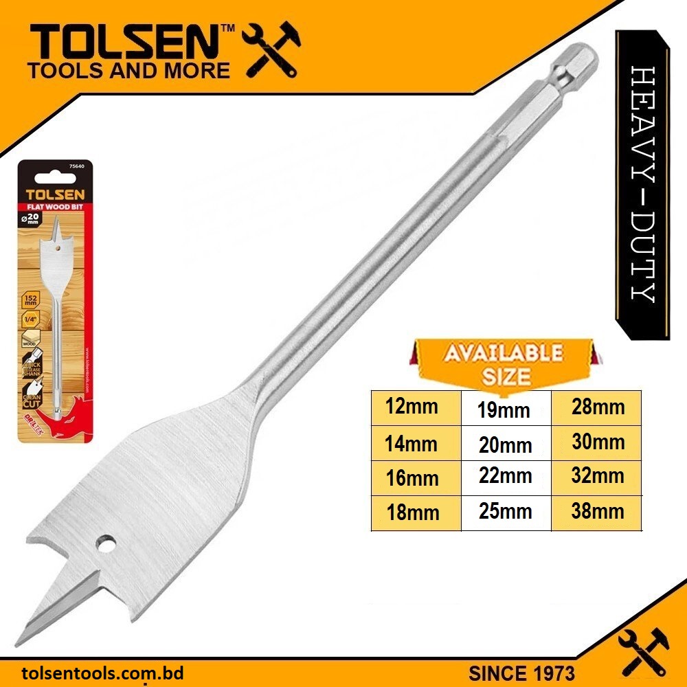 TOLSEN Flat Wood Drill Bit w/ 1/4" Hex Shank ( 12 | 14 | 16 | 18| 19 | 20 | 22 | 25 | 28 | 30 | 32 | 38mm )_img_0