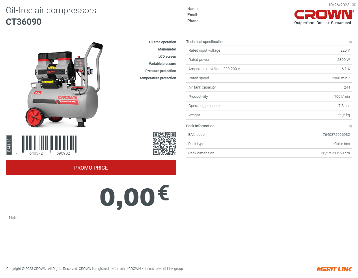 CROWN CT36090 24L Professional Oil-Free Air Compressor, 24L, 1400W, 100L/min, 8Bar; Model: CT36090_img_1