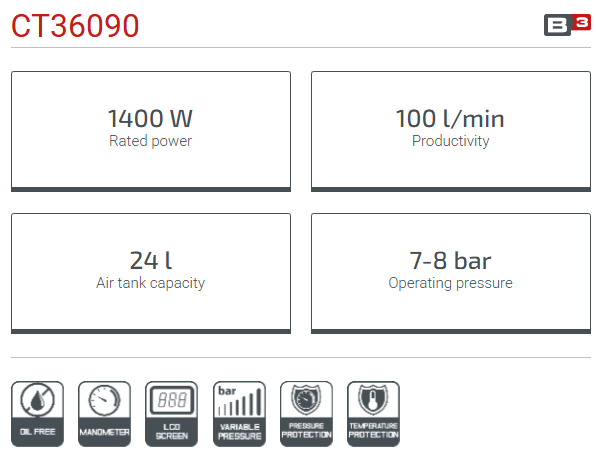 CROWN CT36090 24L Professional Oil-Free Air Compressor, 24L, 1400W, 100L/min, 8Bar; Model: CT36090_img_5