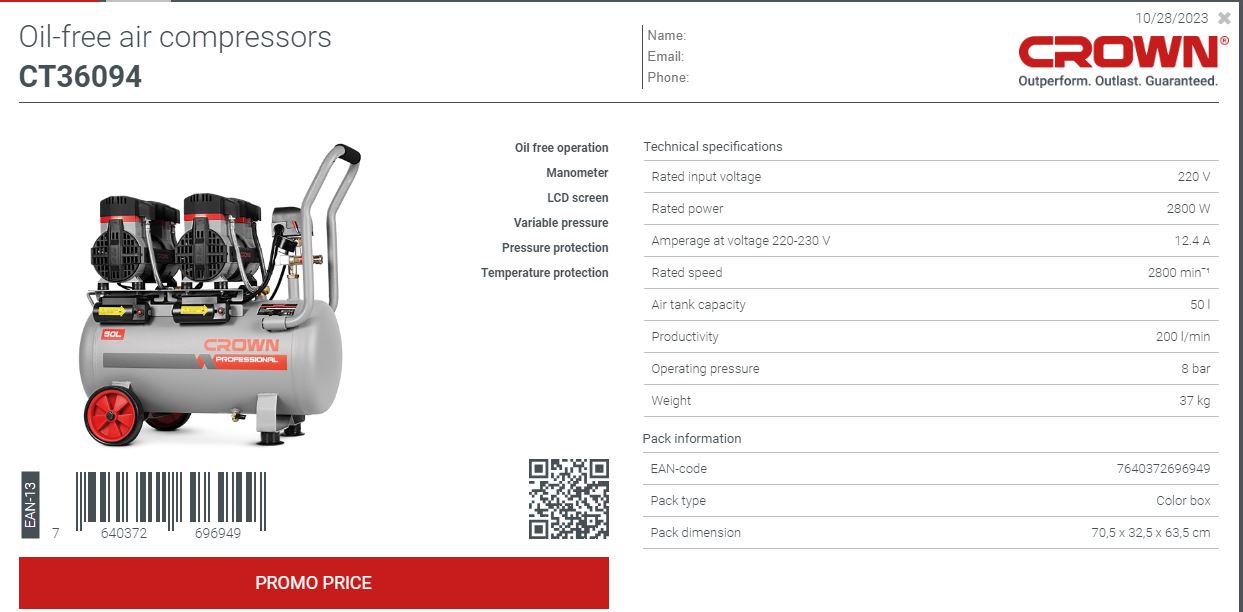 CROWN CT36094 50L Professional Oil-Free Air Compressor oil free & silent , 50L,2800W, 200L/min, 8Bar;  CT36094_img_1