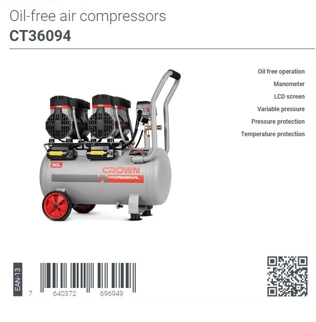CROWN CT36094 50L Professional Oil-Free Air Compressor oil free & silent , 50L,2800W, 200L/min, 8Bar;  CT36094_img_2