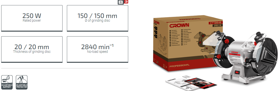 CROWN CT13546 6" Professional Bench Grinder, 250W, 150mm, 32mm; Model: CT13546L_img_1