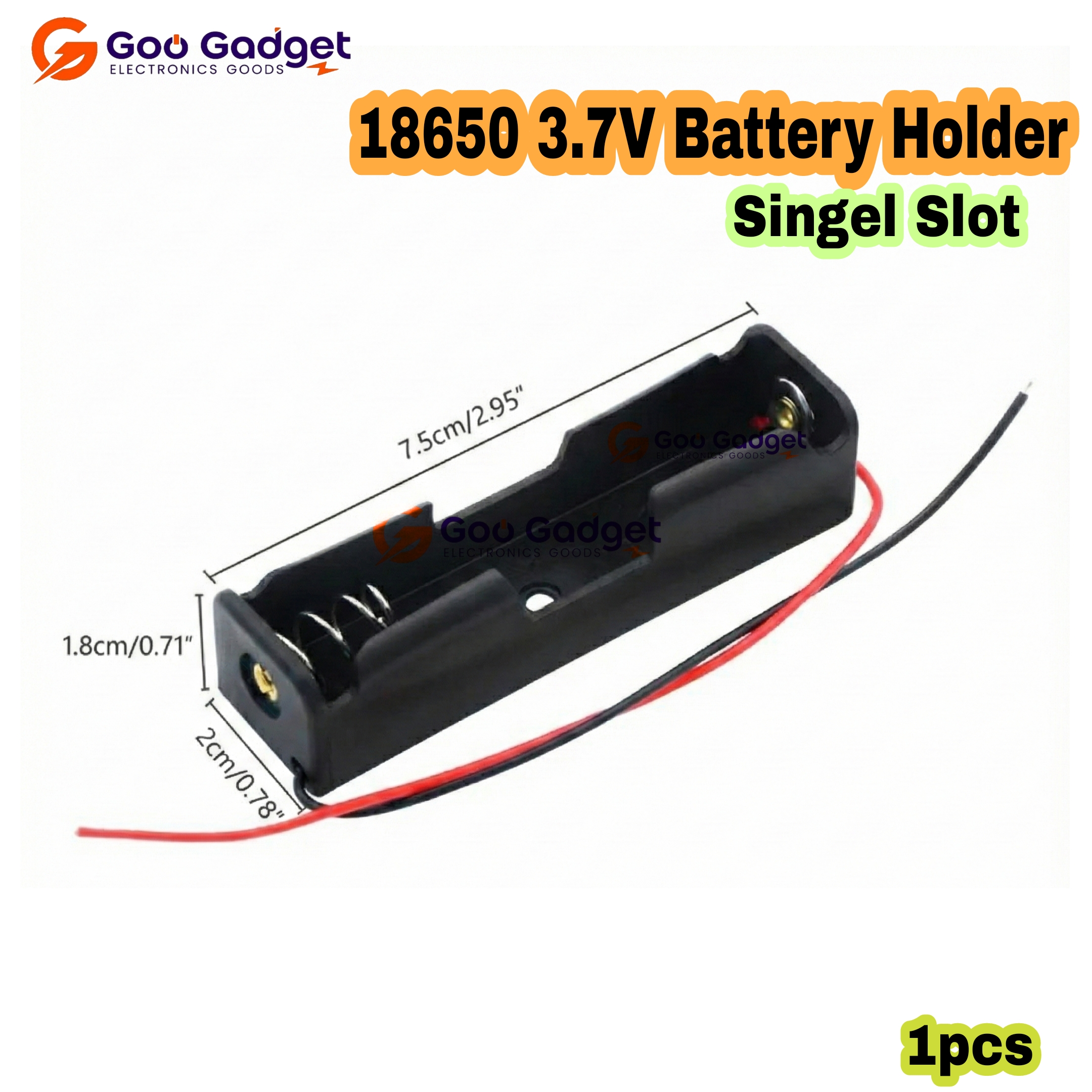1S 18650 Battery Holder Case | 1 Slot 3.7V Lithium-Ion Battery Box with 6-Inch Wire Leads for DIY Projects