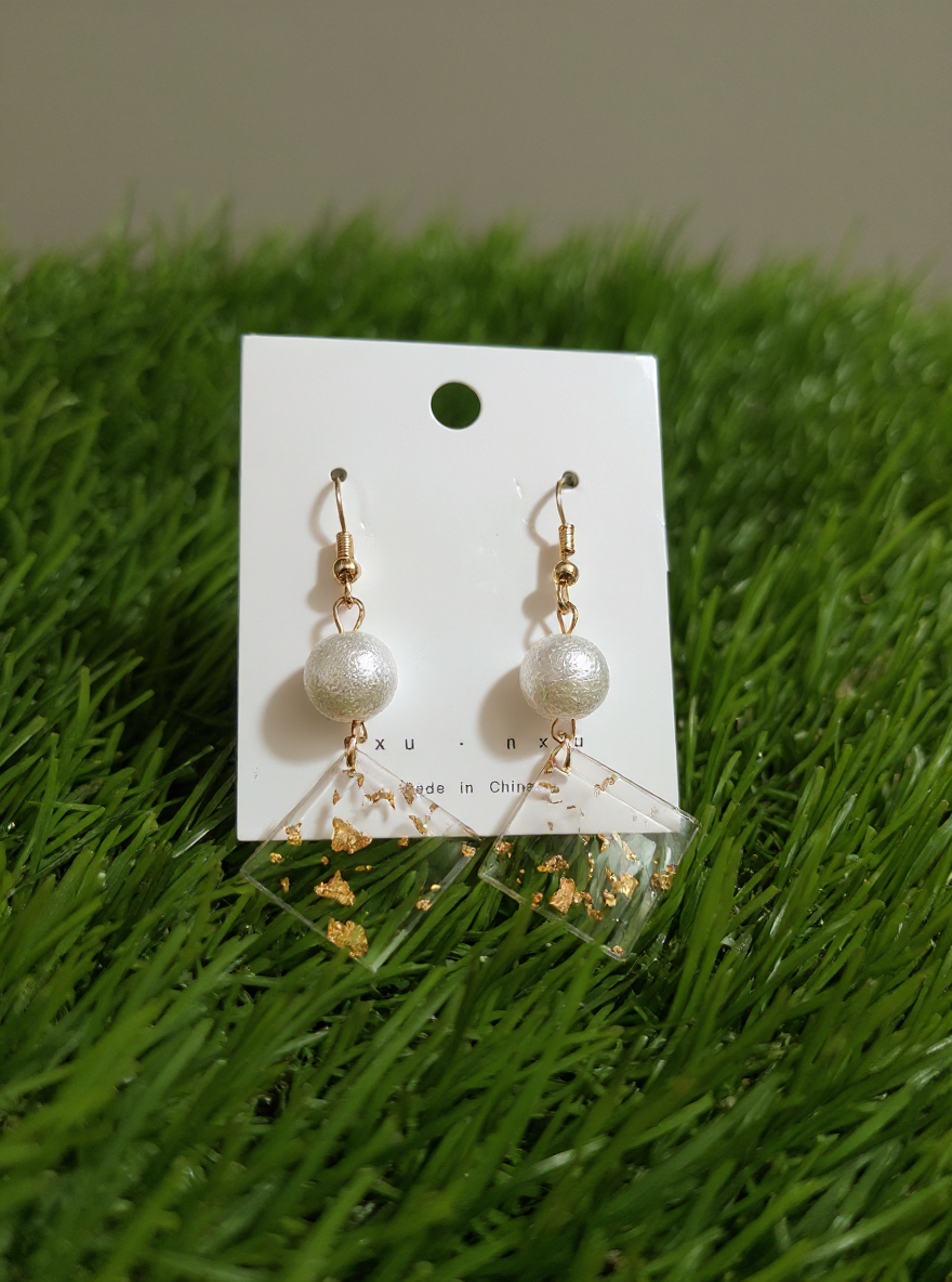 Elegant Pearl Drop Resin Earrings with Gold Foil Flakes – Premium Handmade-Look Dangle Earrings for Women