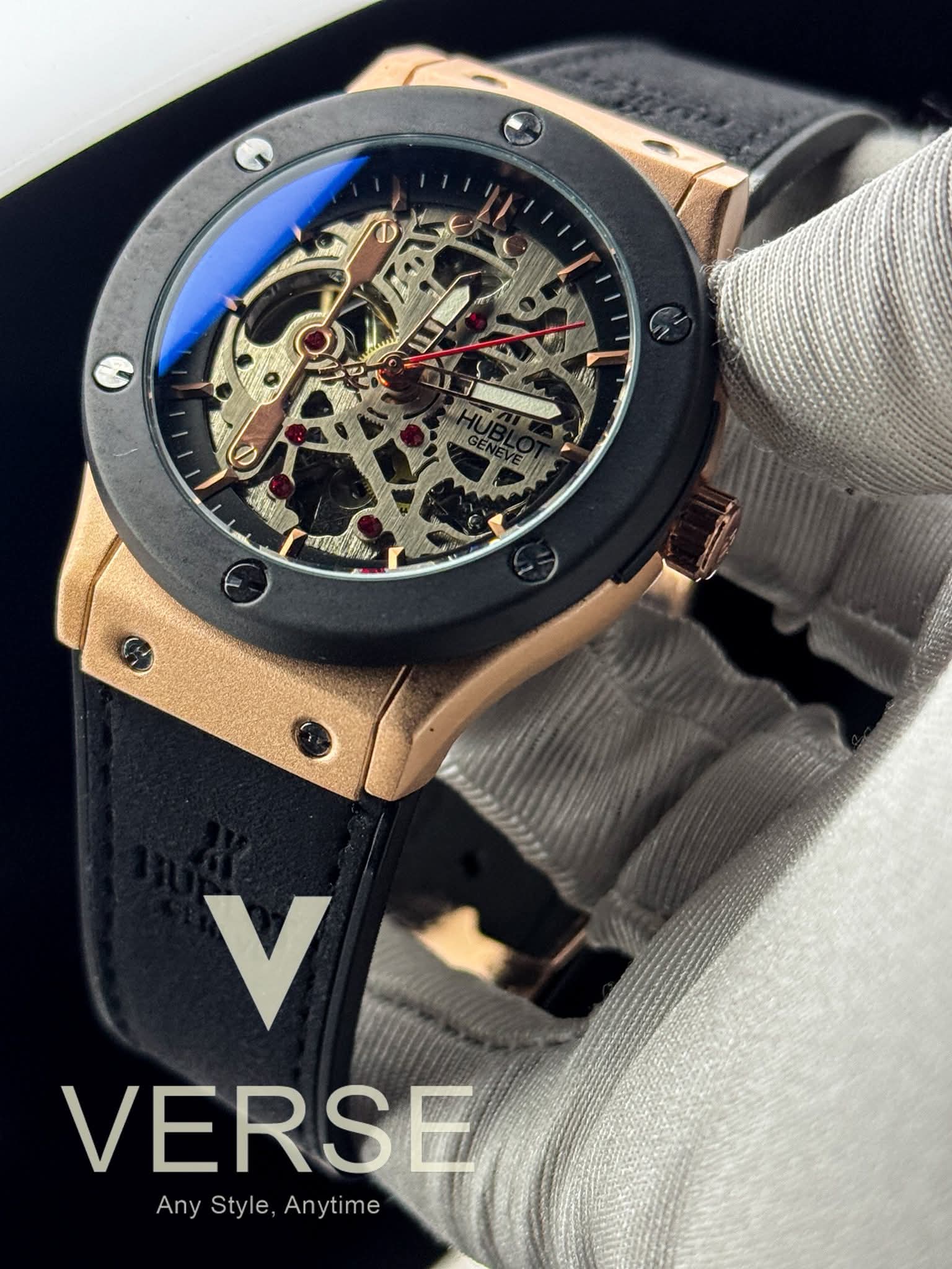 Hublot Automatic Black Belt Rosegold-Black Case Openworked Black-Rosegold Dial