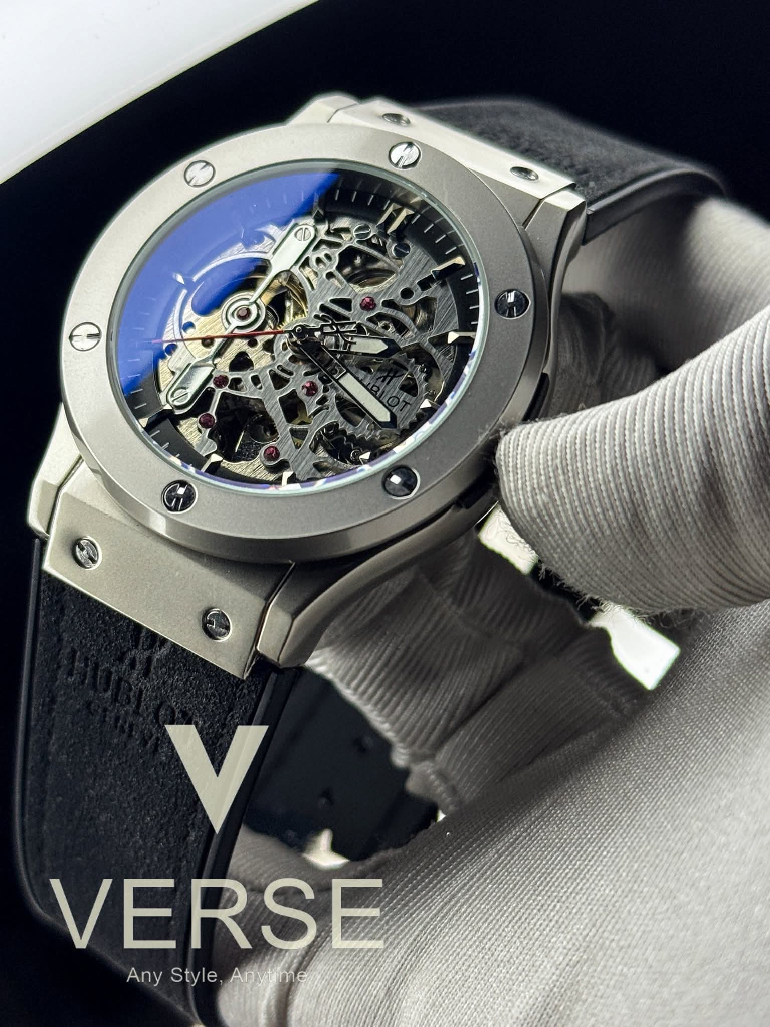 Hublot Automatic Black Belt Silver Case Openworked Black Dial