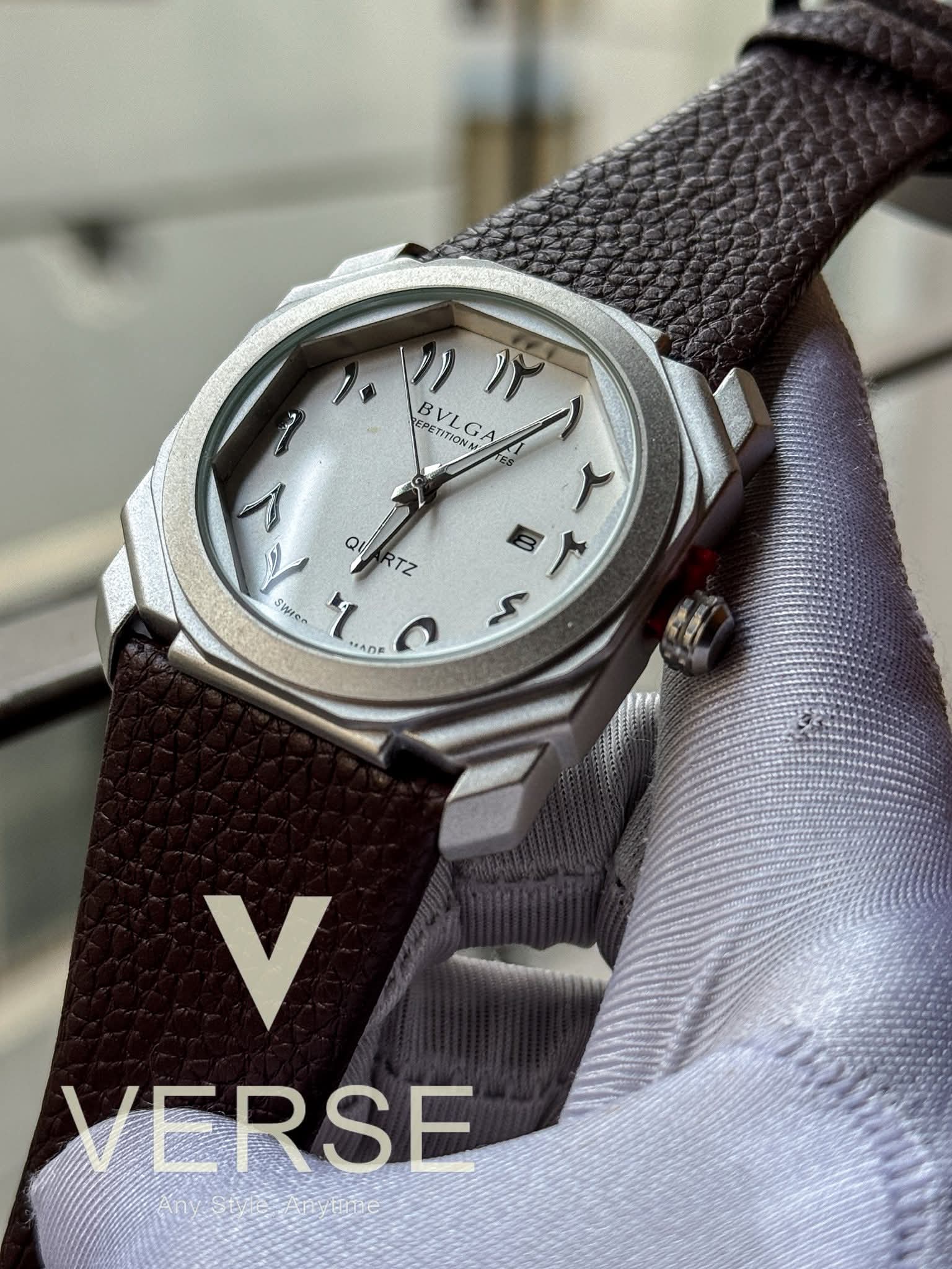 BVLGARI Octo Finissimo Brown Belt White Arabic Dial Silver Case