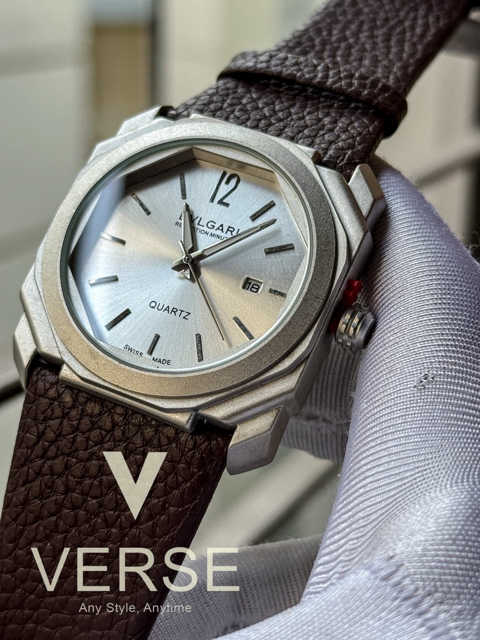 BVLGARI Octo Finissimo Brown Belt White Dial Matte Silver Case