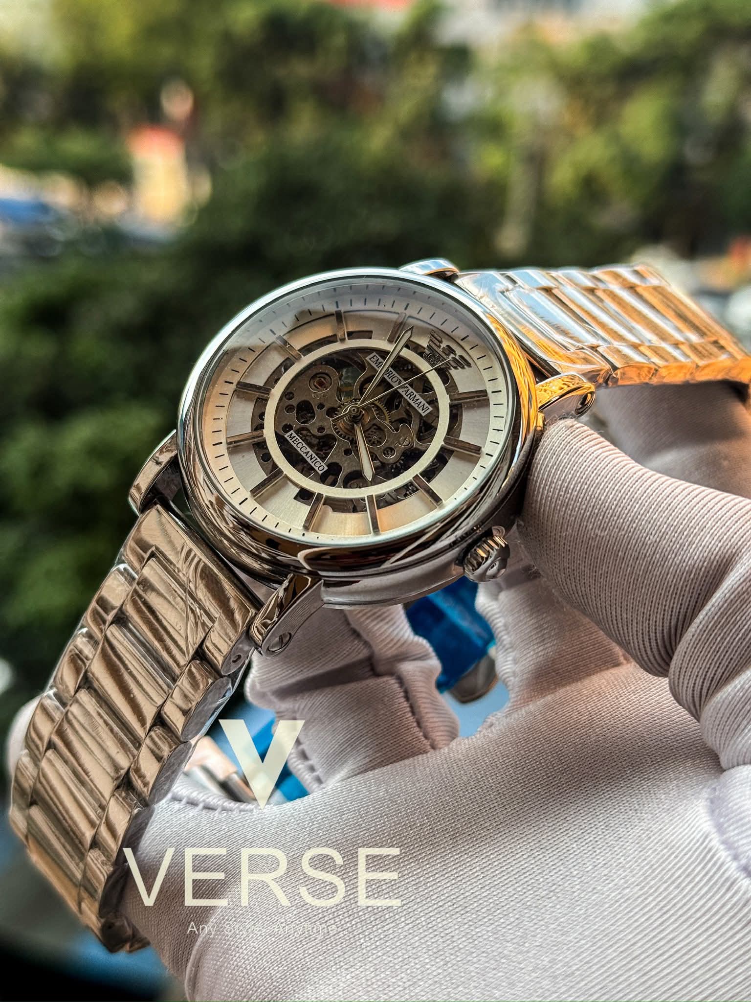 Armani auto silver chain white dial