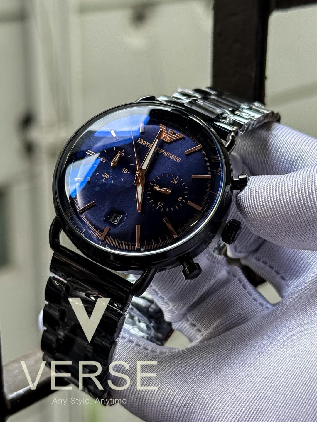 Armani simple blue dial rose gold digits