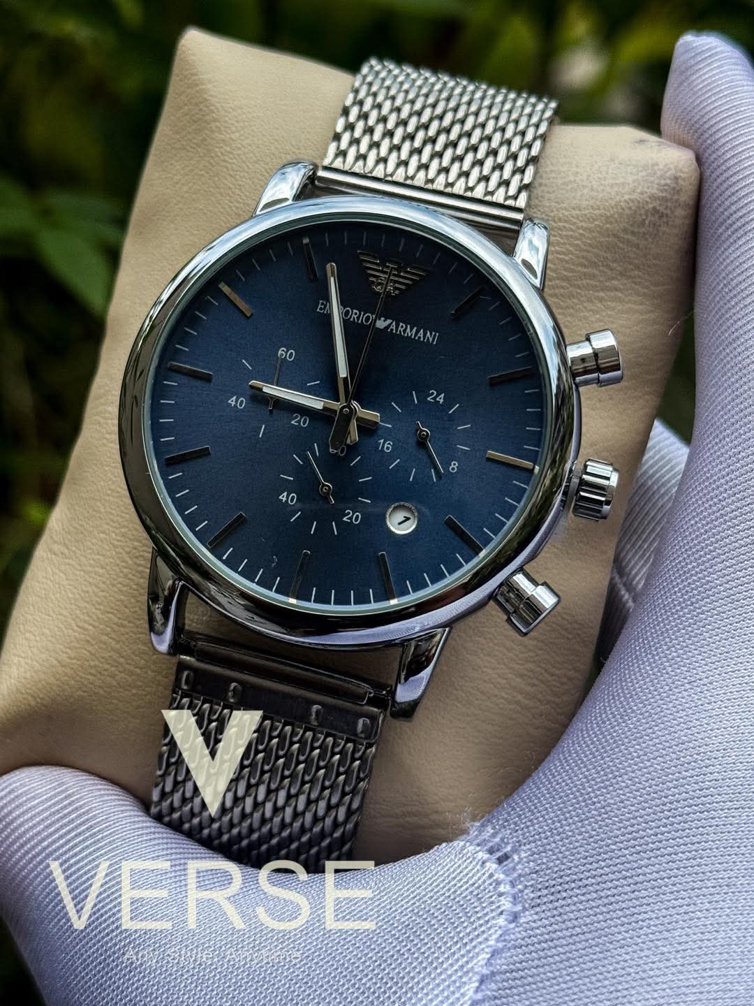 Armani mesh chain glossy blue dial