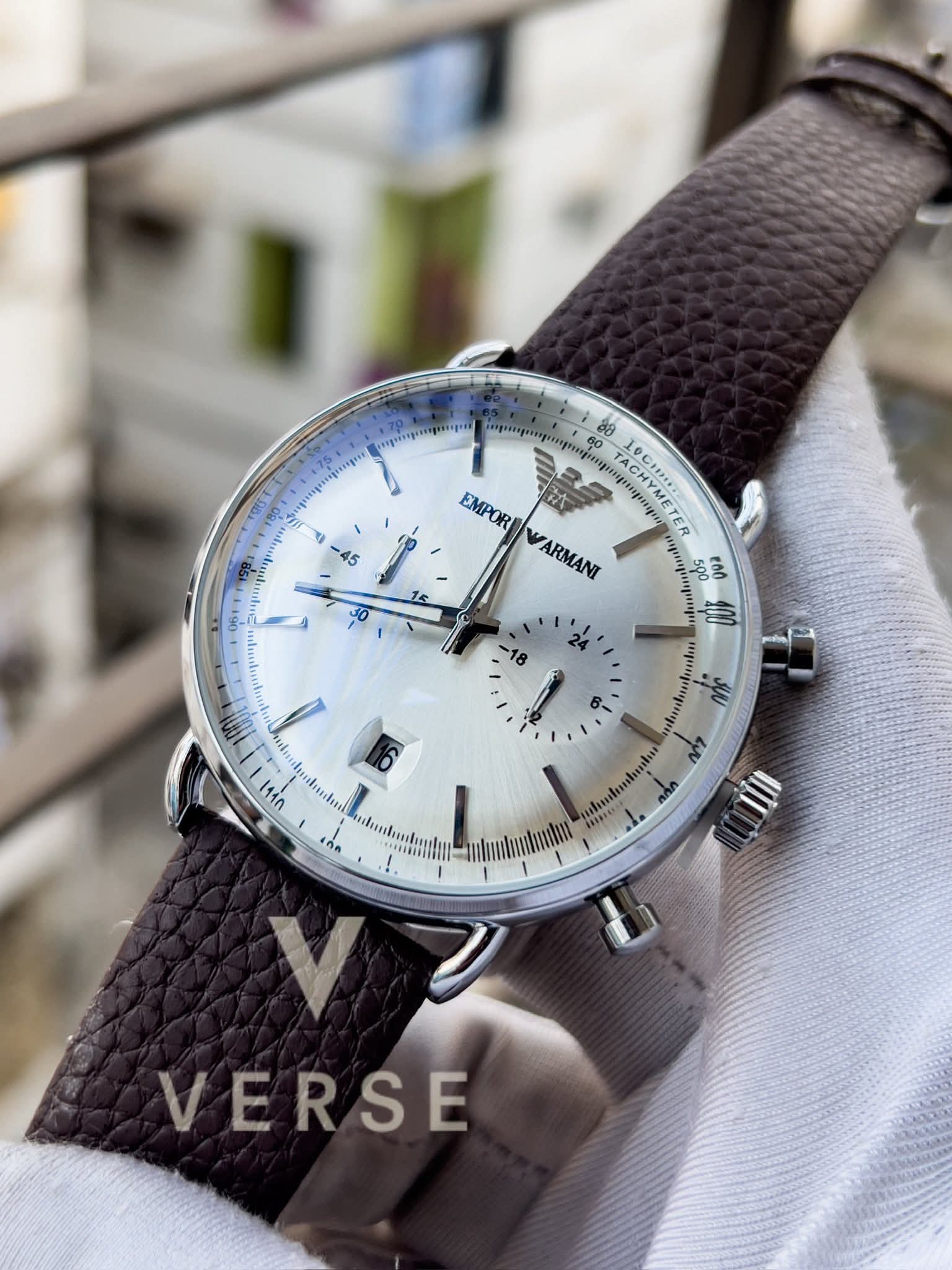 Armani oval glass brown belt white dial