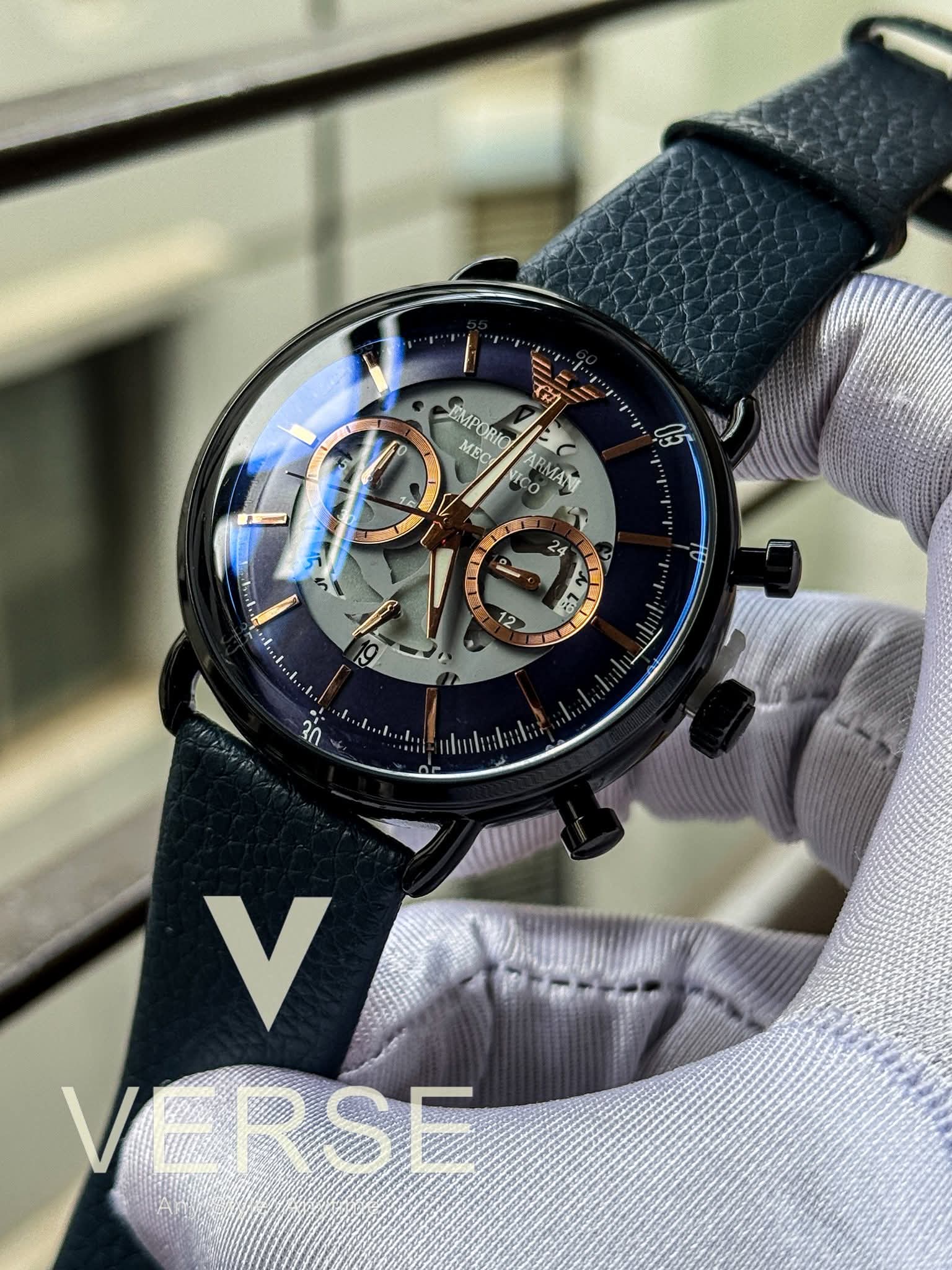 Armani Meccanico blue belt blue dial rose gold digits