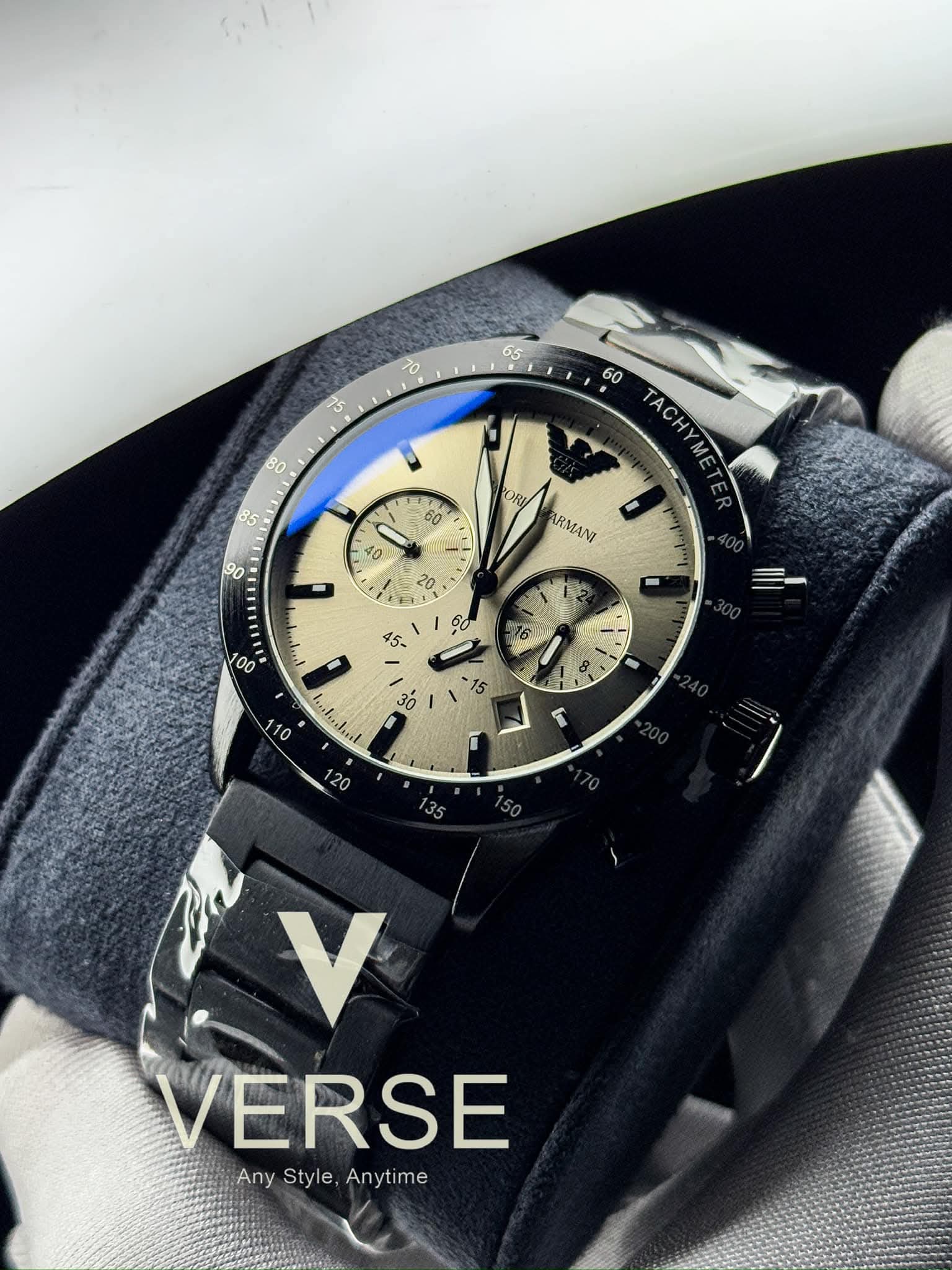 Armani black chain silver dial