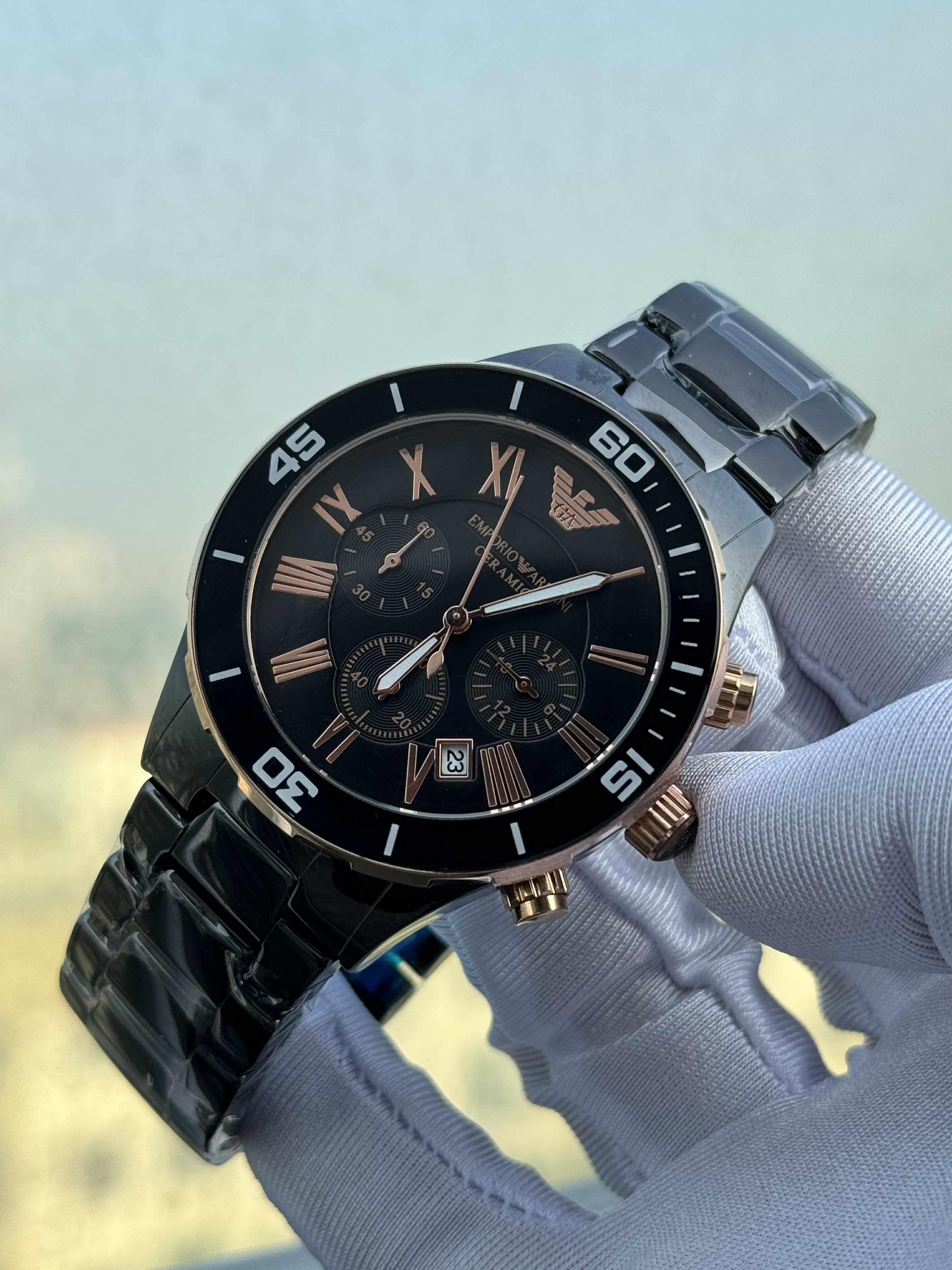 Emporio Armani Ceramic Black Chain Rose Gold Digits