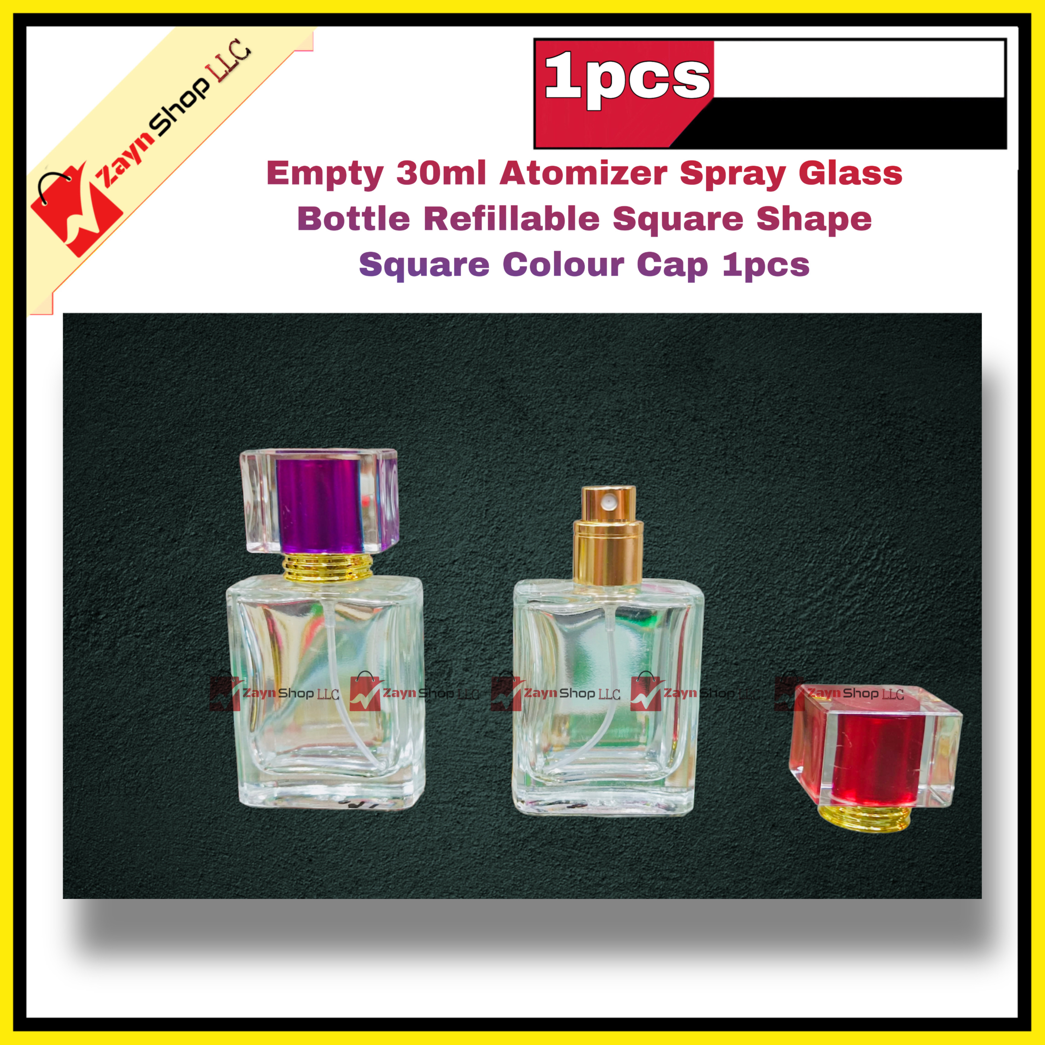 Empty 30ml  Perfume Atomizer Spray Glass Bottle Refillable Square Shape Square Colour Cap 1pcs_img_1