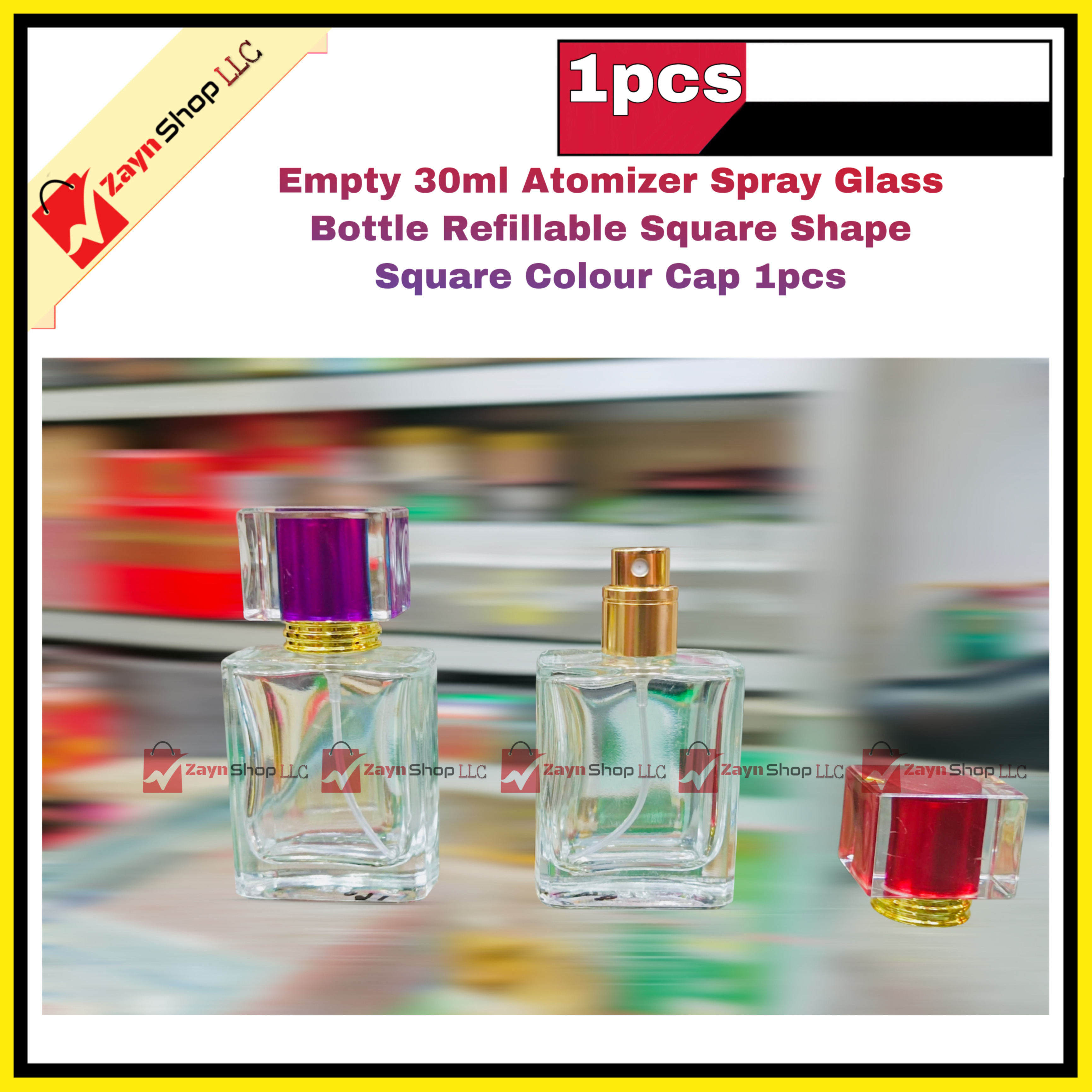Empty 30ml  Perfume Atomizer Spray Glass Bottle Refillable Square Shape Square Colour Cap 1pcs_img_4