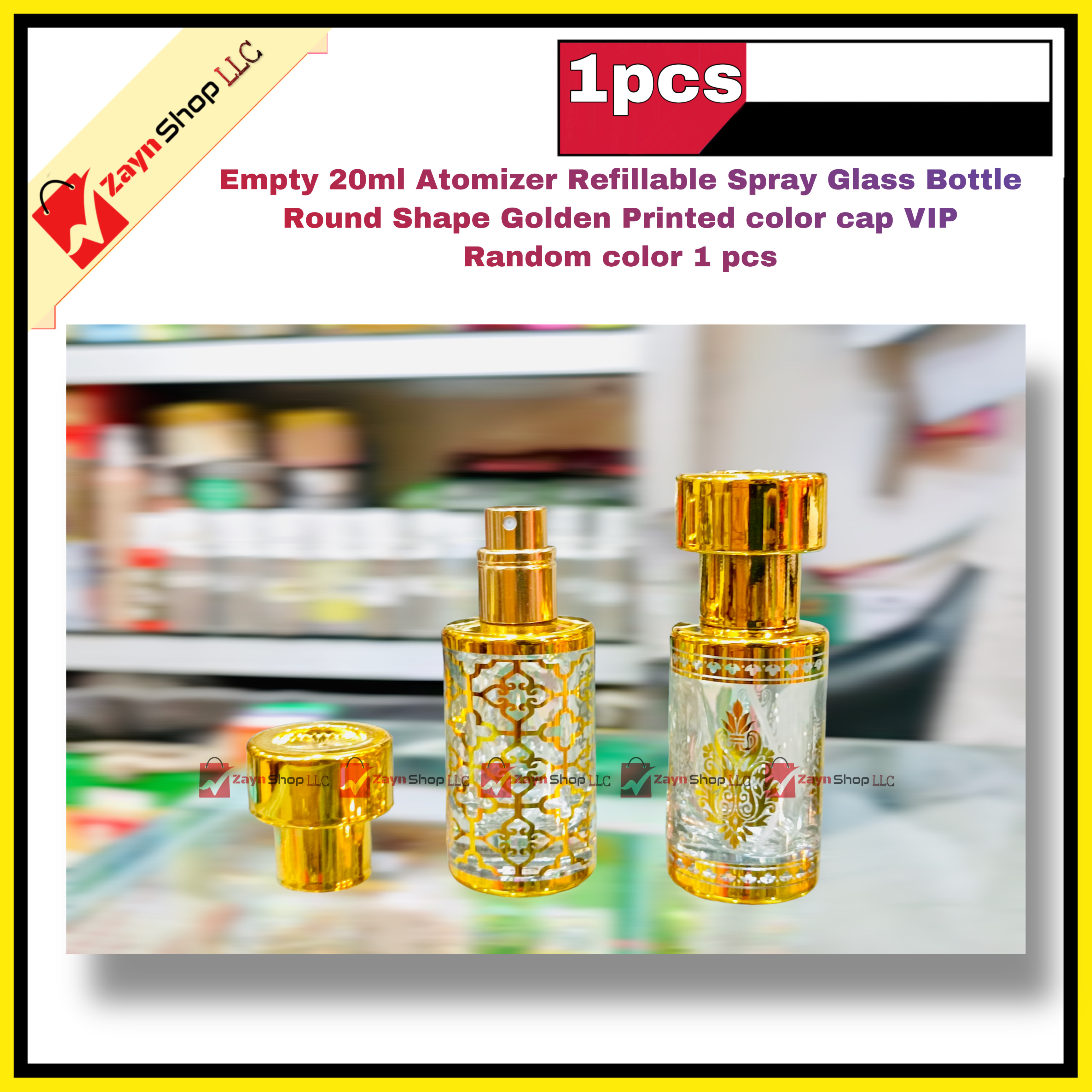 Empty 20ml Perfume Atomizer Refillable Spray Glass Bottle Round Shape Golden Printed color cap VIP 1 pcs Random color_img_1
