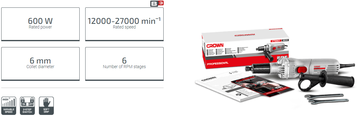 CROWN Professional Straight Die Grinder, Long neck, 600W, 6mm, 220-230V; Model: CT13307_img_2