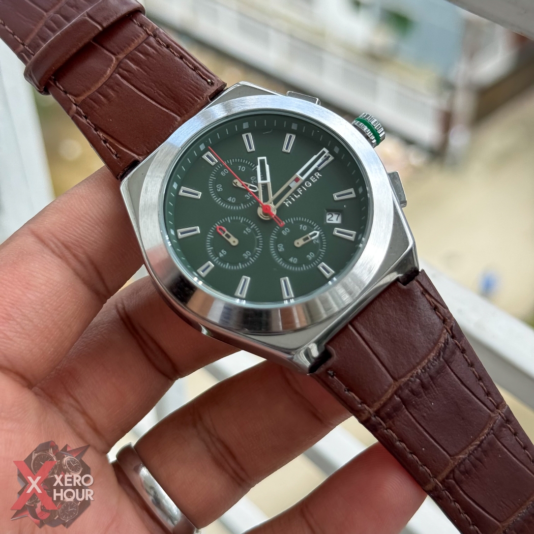 Tommy Hilfiger Chronograph | Crocodial leather | Brown Belt Green Dial_img_3