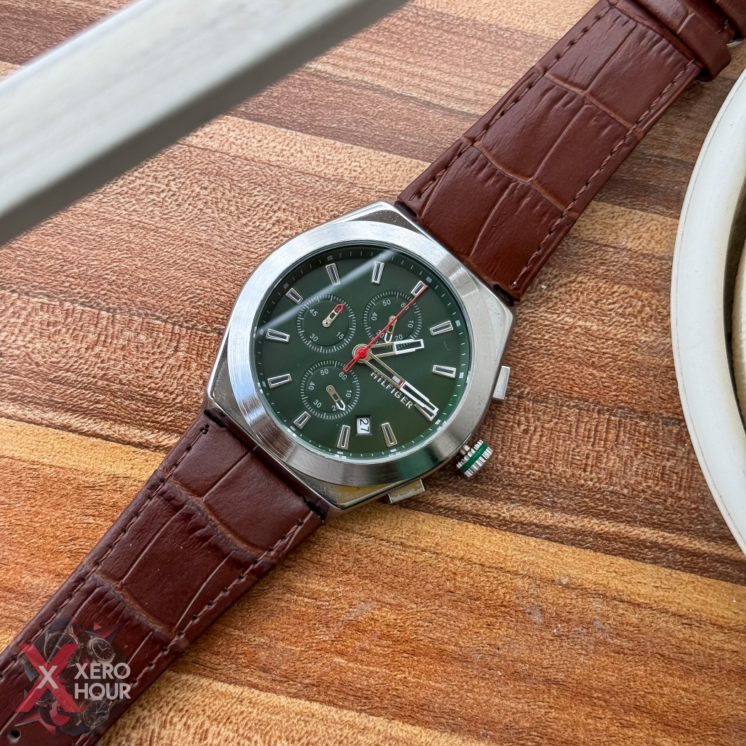 Tommy Hilfiger Chronograph | Crocodial leather | Brown Belt Green Dial_img_4