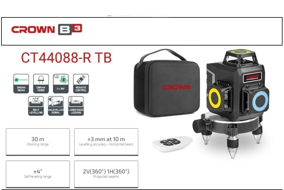 CROWN CT44088 Professional Laser Level, 3x360°, 10m, ±3mm; CT44088-R TB_img_2