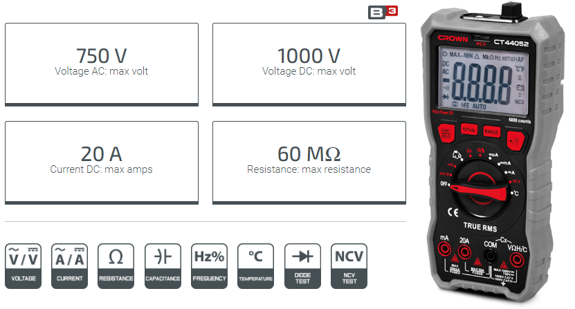 CROWN CT44052 Digital Multimeter, 750ACV, 1000DCV, 20A; Model : CT44052_img_1