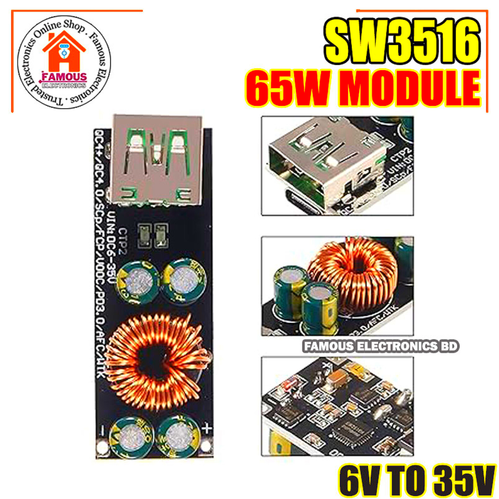 SW3516 65W 6-35V DC To USB Type C PD 3.0 QC4 Type A QC3.0 DC Fast Charge 12V 24V Step-Down Power Module USB Type-C Mobile Phone Quick Charge Adapter_img_6