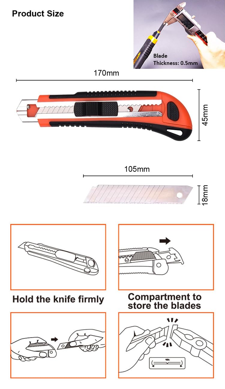 HARDEN 18mm Plastic Knife Metal Holder with 3pcs Replacement Blades, Paper Cutter Knife, Multi Hand Cutting Tool, Retractable Utility Knife; 570312_img_4