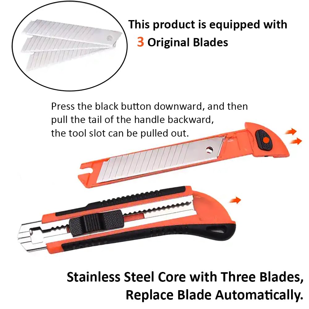 HARDEN 18mm Plastic Knife Metal Holder with 3pcs Replacement Blades, Paper Cutter Knife, Multi Hand Cutting Tool, Retractable Utility Knife; 570312_img_8