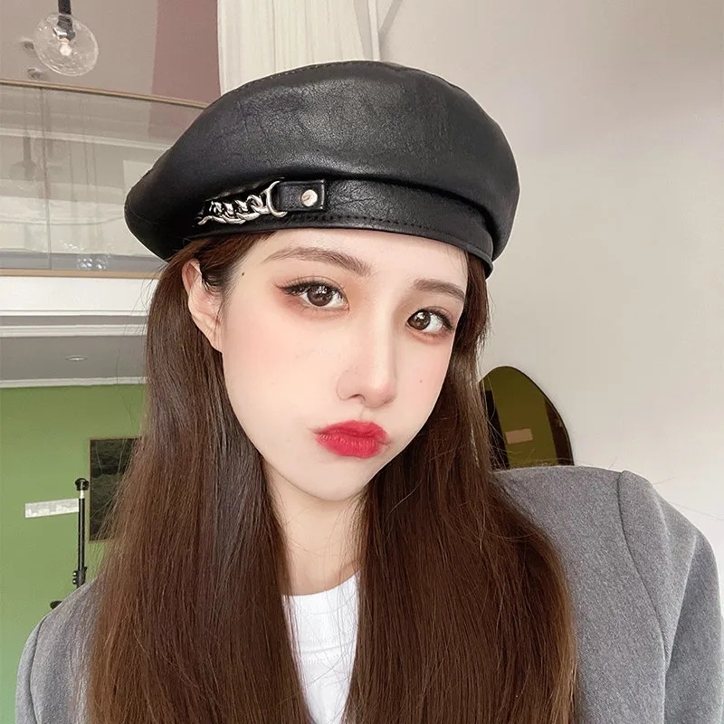 PU leather Beret cap