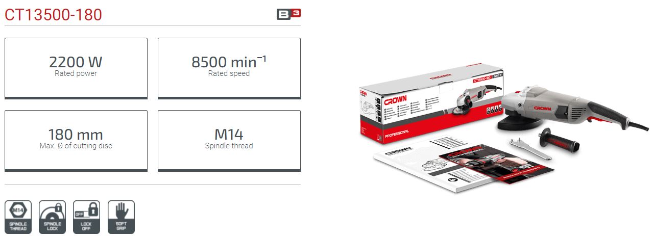 CROWN CT13500 7" Professional Angle Grinder, 2200W, 180mm, Rear switch; CT13500-180_img_2