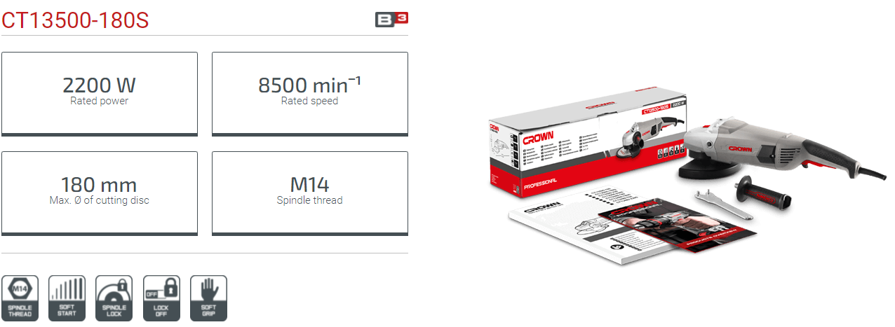 CROWN CT13500S 7" Professional Angle Grinder With Soft Start, 2200W, 180mm, Rear switch; CT13500S - 180_img_1